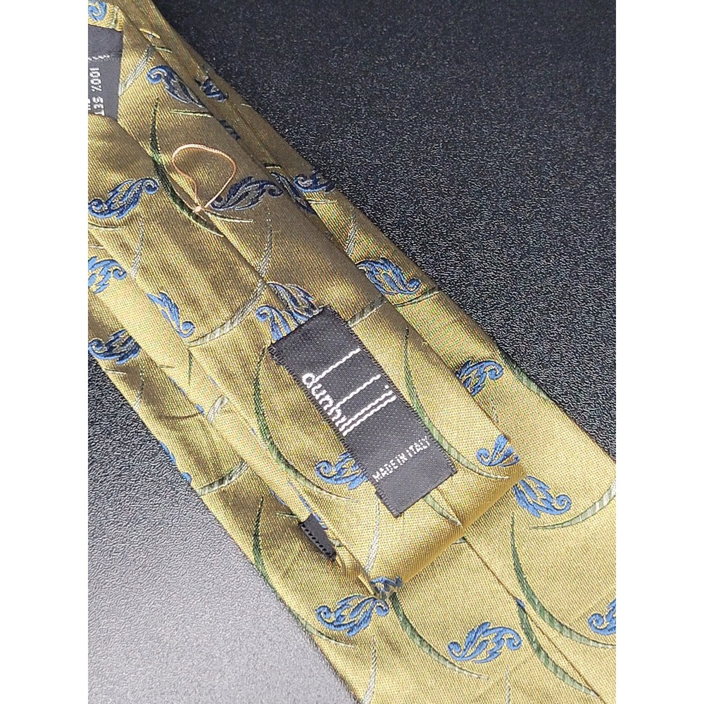 Dunhill Tie Gold Blue Green Floral Scroll 100% Silk Made in Italy Excellent